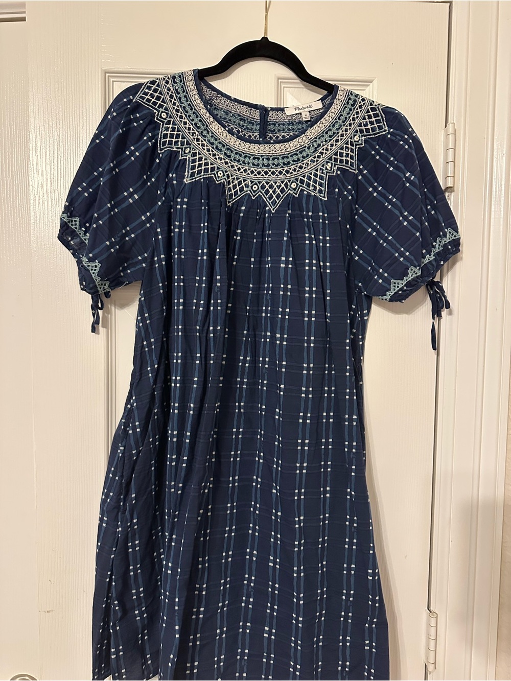 Madewell Navy Plaid Dress with Light Blue Embroidery
